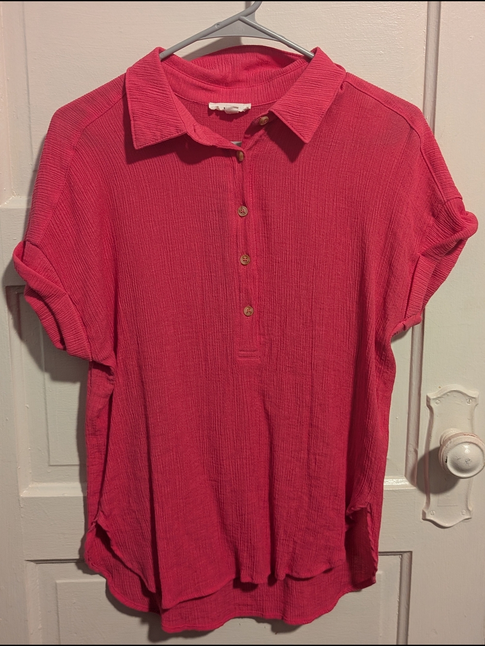 Rayon Blend Bold Pink Button-Front Gauze Polo Shirt Mine Size L
